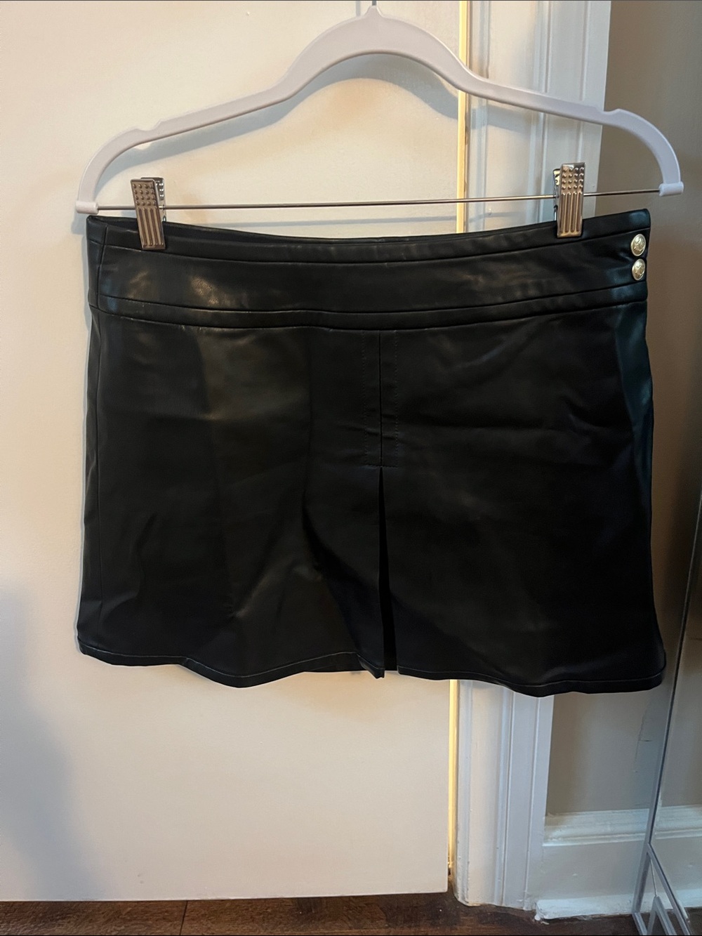 J. Crew Black Faux Leather Mini Skort with Front Pleat and Button Detail